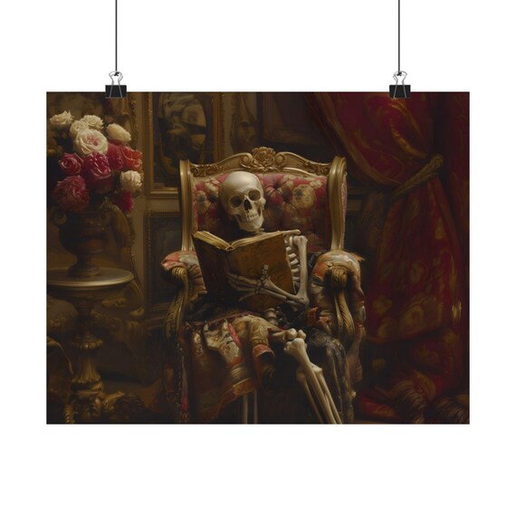 Skeleton Reading A Book In An Ornate Victorian Armchair Poster