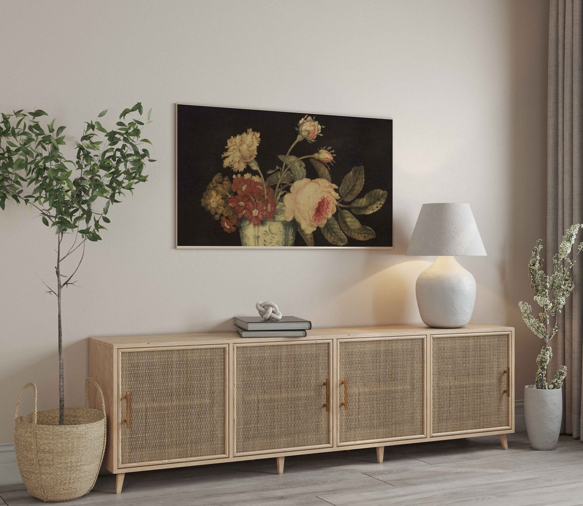 Vintage Rose And Carnation Still Life Dark Floral Frame TV Wall Art - Image 2