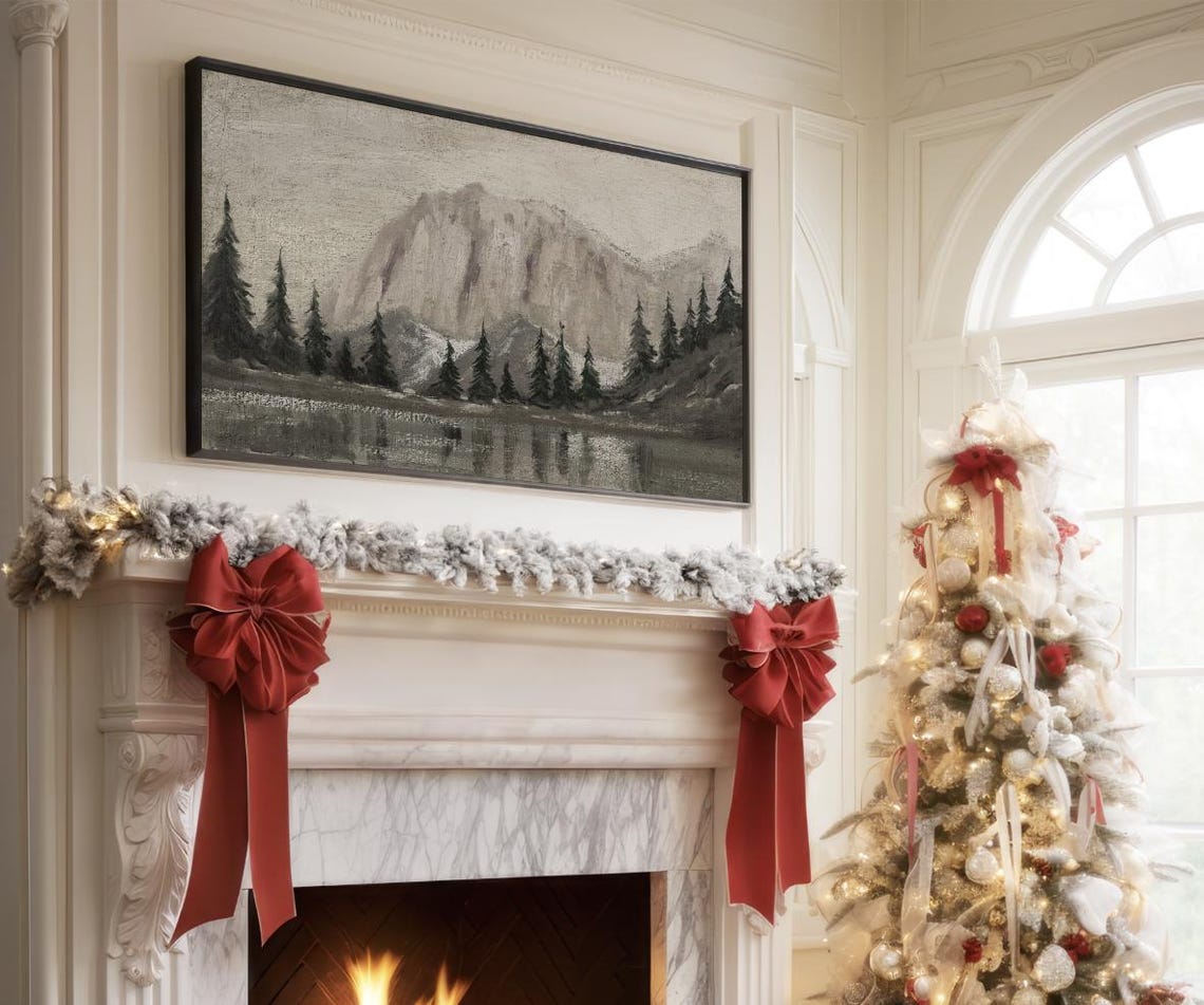 Misty Mountain Lake Pine Trees Vintage Winter Landscape Wall Poster - Image 3