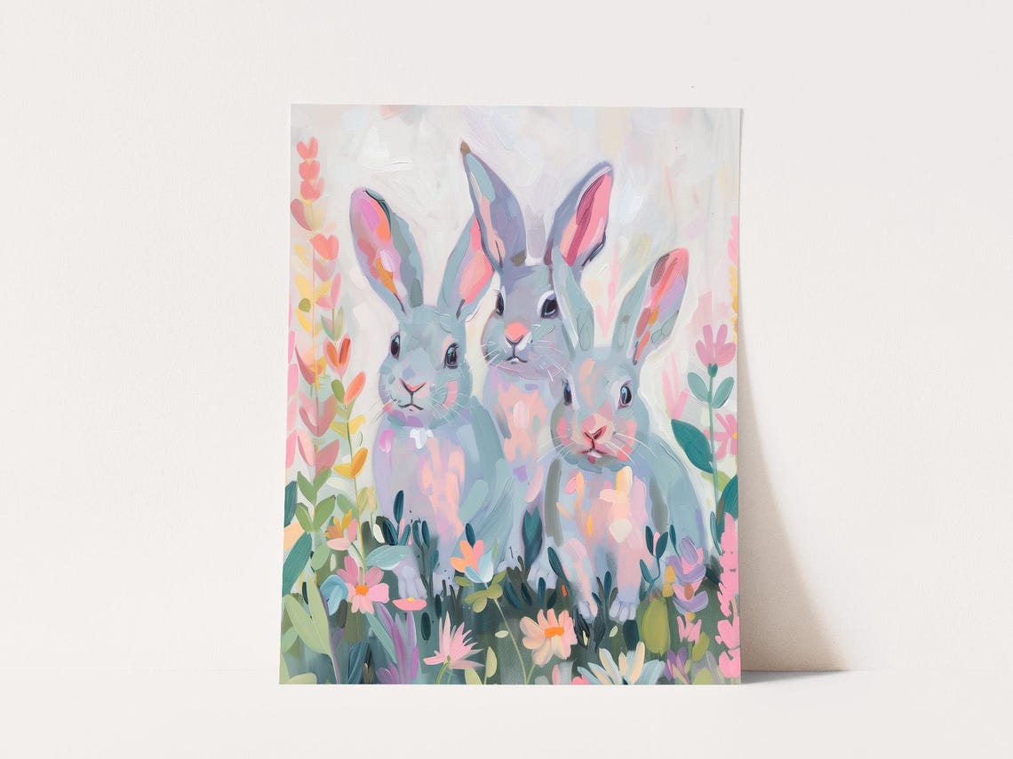 Three Grey Bunnies Pastel Flower Meadow Easter Spring Wall Art
