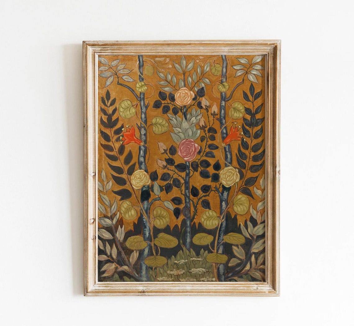 Decorative Vintage Roses Panel Arts Crafts Style Gold Floral Poster