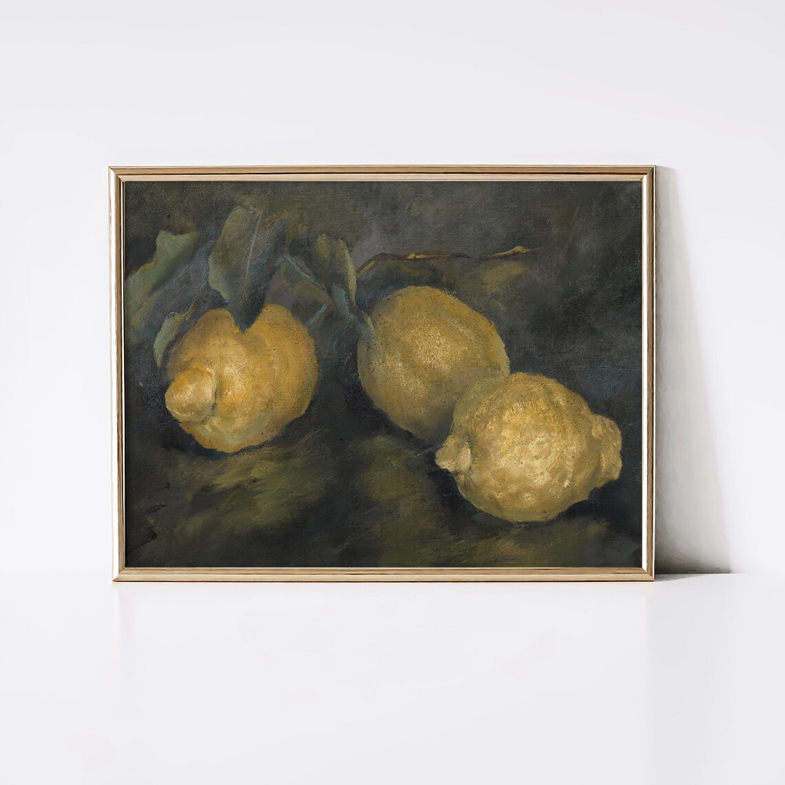 Vintage Lemon Still Life Oil Painting Dark Moody Citrus Wall Art