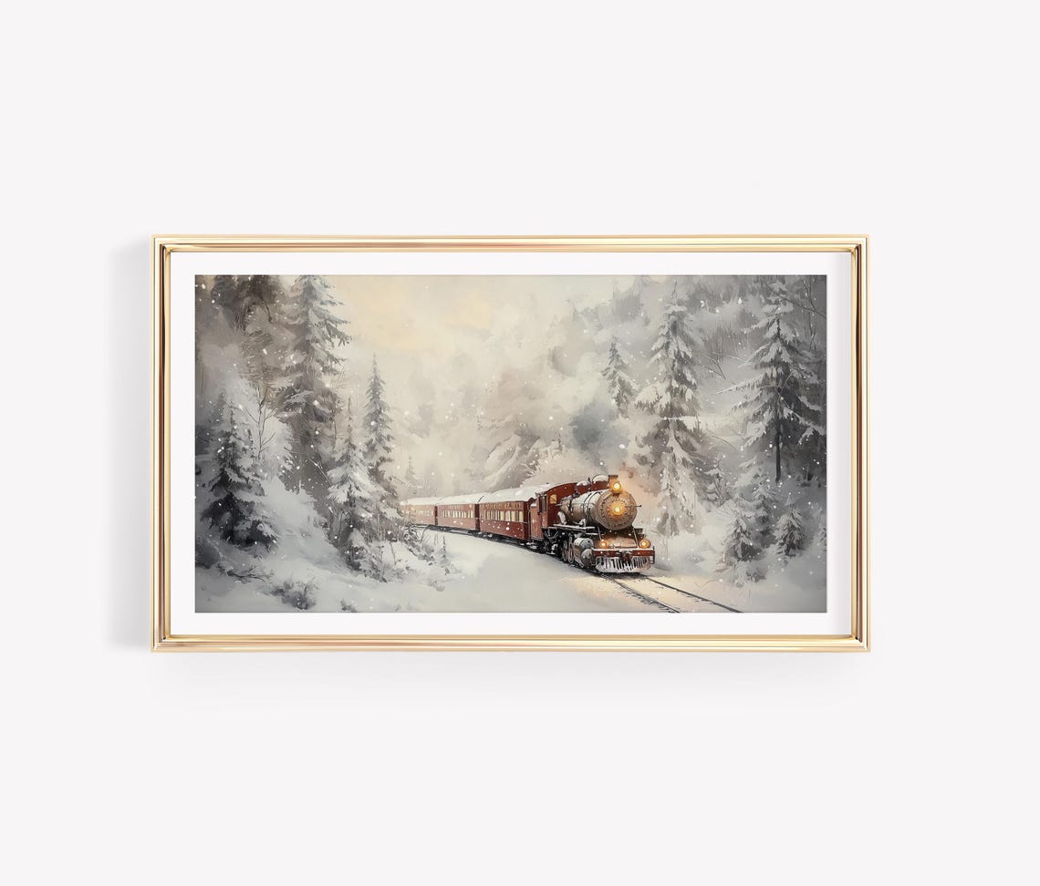 Red Steam Train Snowy Pine Forest Winter Christmas Holiday Wall Art - Image 2