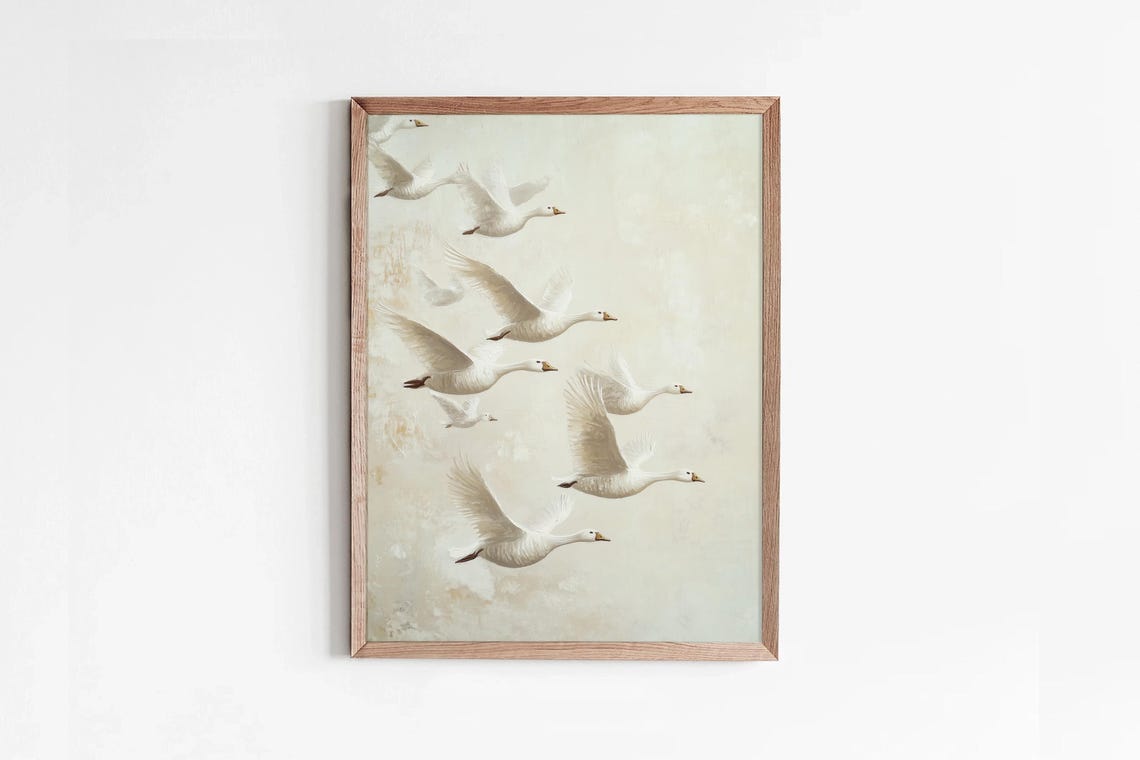 White Geese Flock Flying Neutral Sky Vintage Bird Wall Art Poster - Image 2