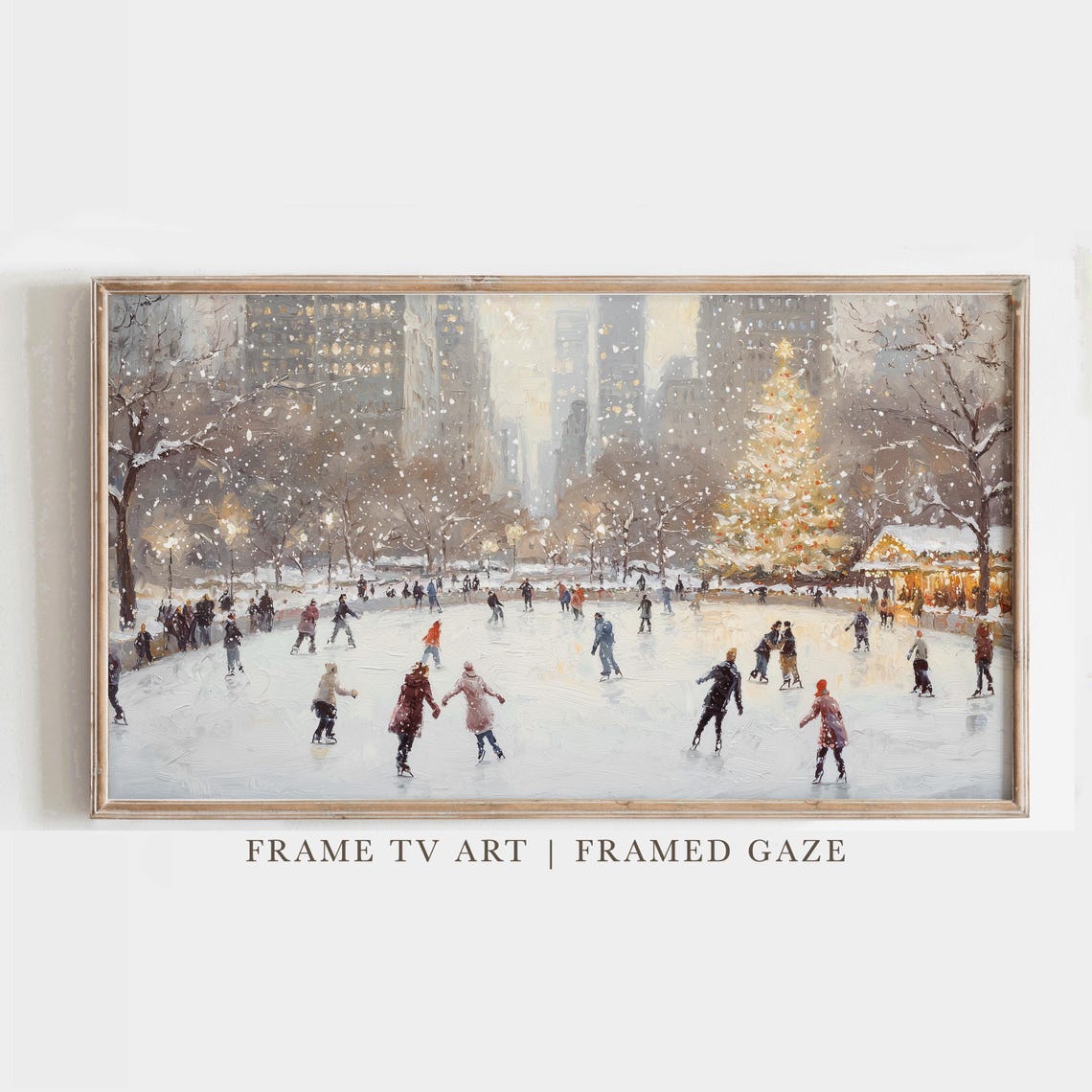Snowy City Ice Skating Rink Christmas Tree Winter Holiday Wall Art