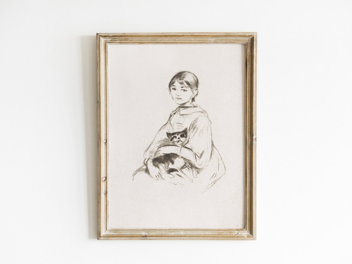 Vintage Girl With Cat Sketch Antique Charcoal Portrait Wall Art Print