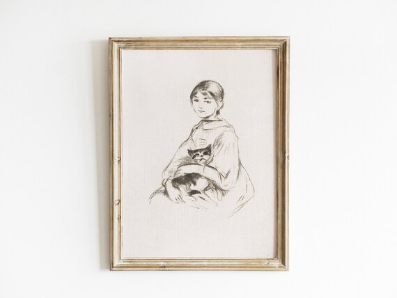 Vintage Girl With Cat Sketch Antique Charcoal Portrait Wall Art Print