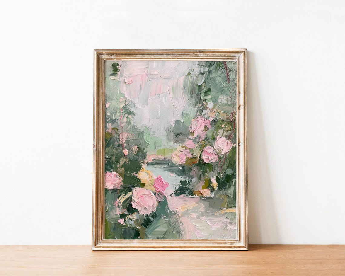 Pink Roses Impasto Garden Painting Romantic Floral Spring Wall Art - Image 3