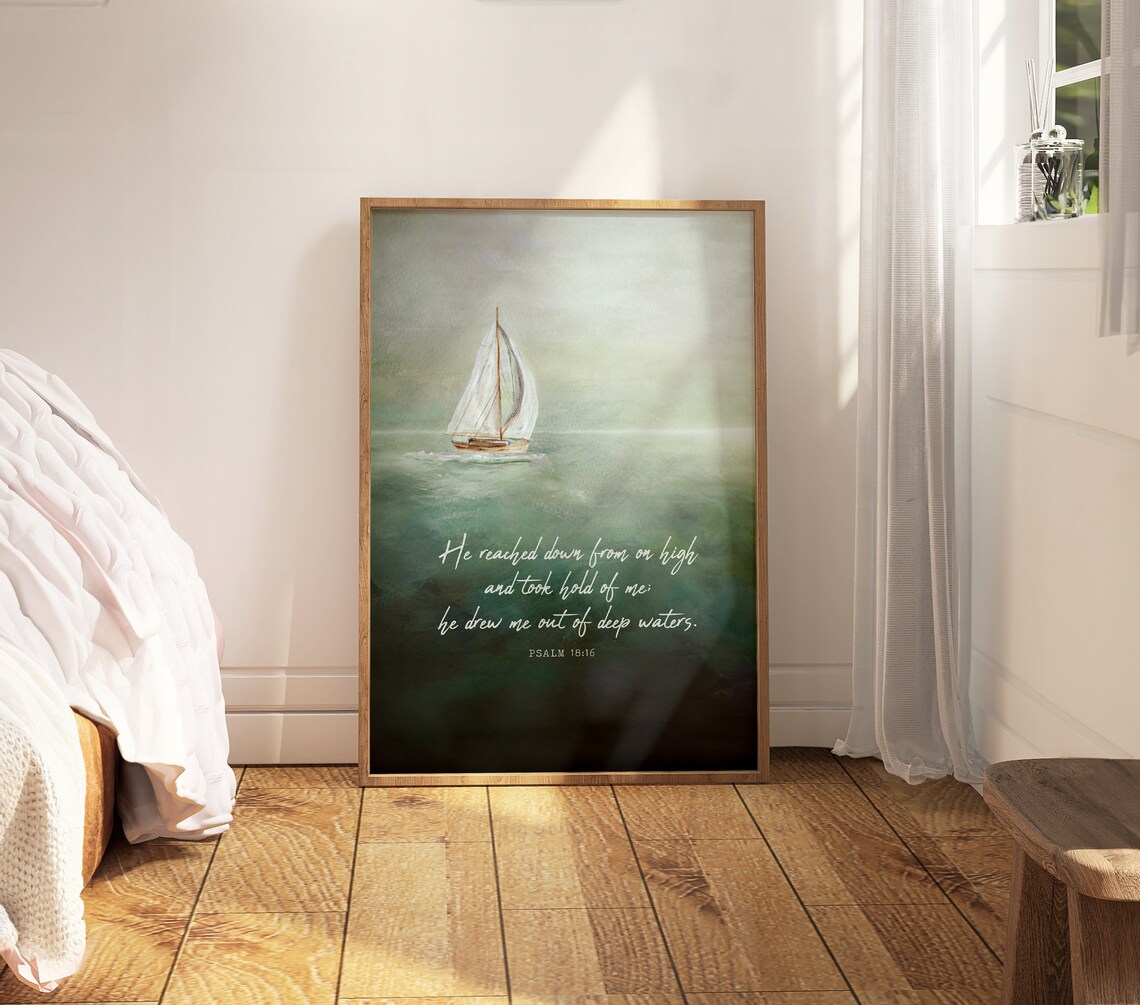 Psalm 18:16 Scripture Art Print, Deep Waters Sailboat - Image 2