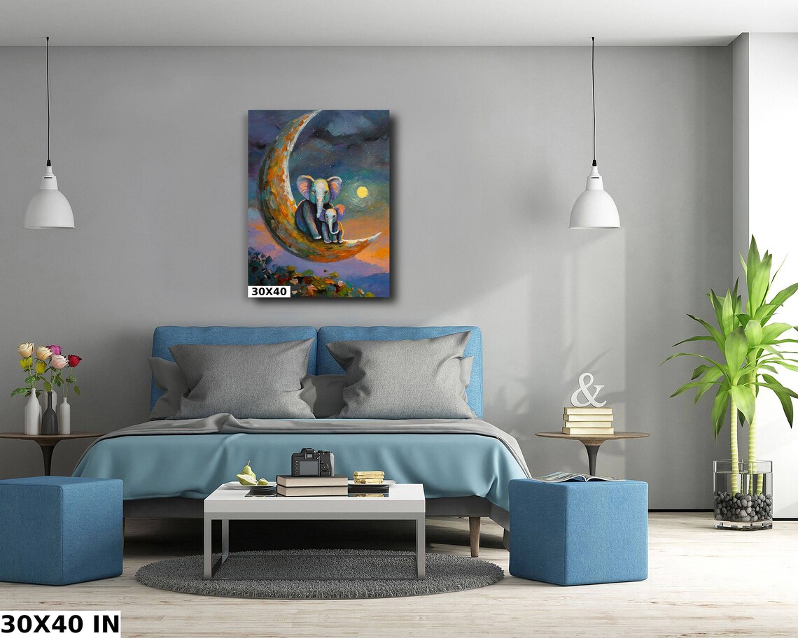 Mother And Baby Elephant Resting On Moon Night Sky Nursery Poster - Image 5
