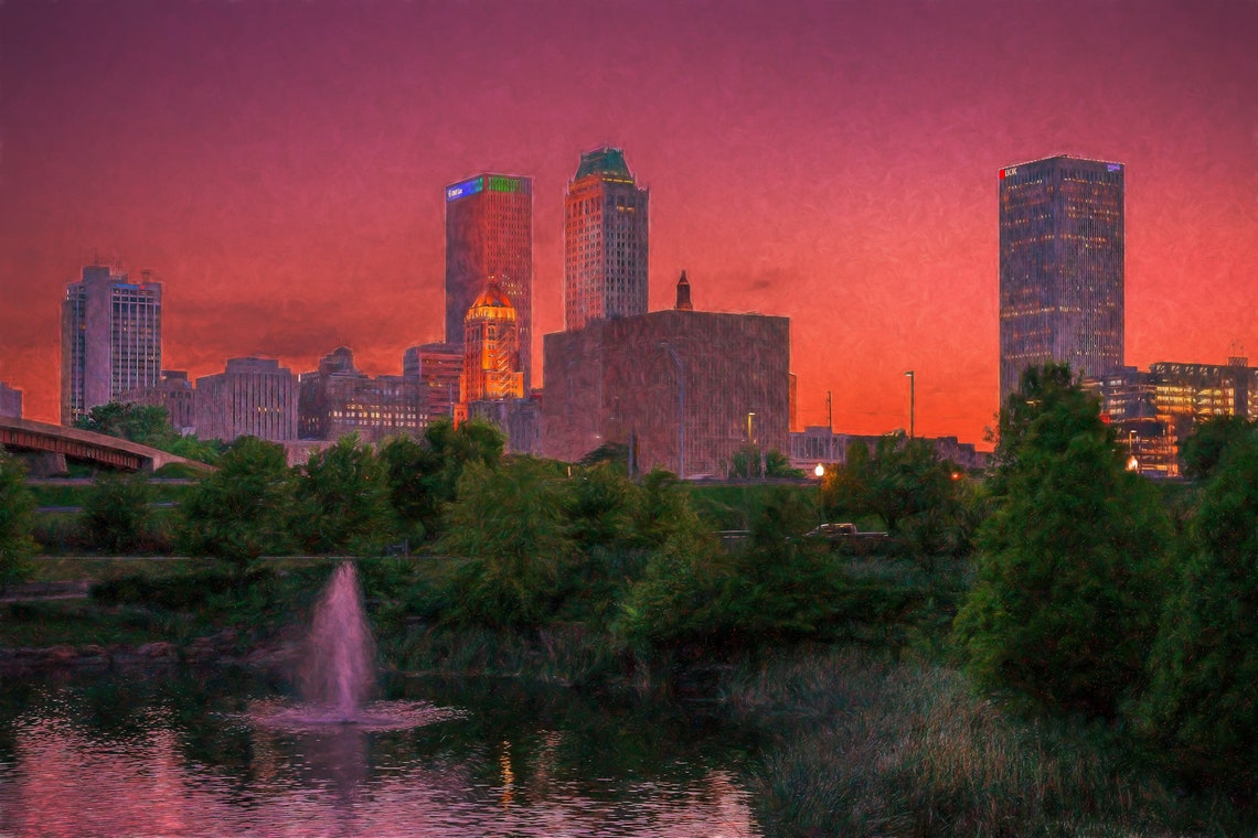 Tulsa Downtown Skyline at Sunset over Lake with Fountain Poster
