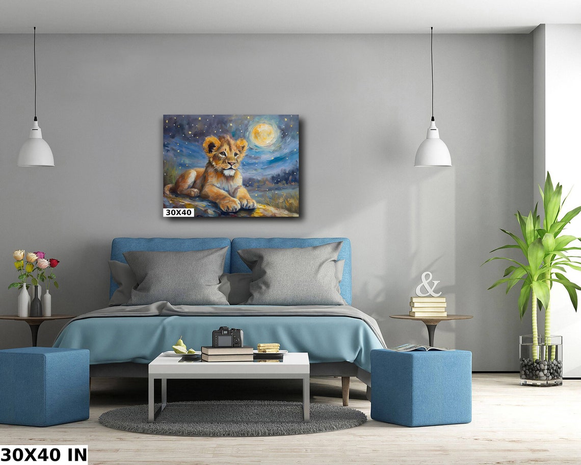 Brave Lion Cub Under Full Moon Starry Night Nursery Wall Art Poster - Image 5