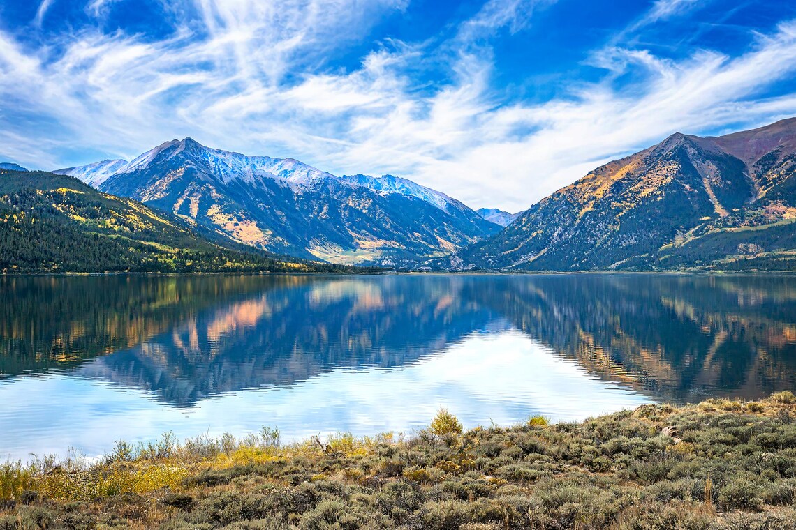 Twin Lakes Colorado Mirror Reflection of Snowy Peaks Fall Poster