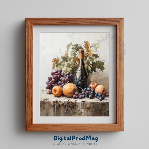 Vintage Wine Bottle Grapes Still Life Painting Rustic Kitchen Print