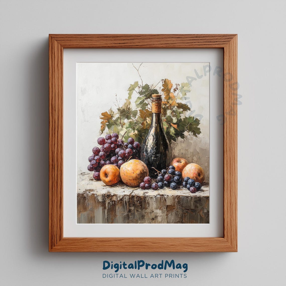 Vintage Wine Bottle Grapes Still Life Painting Rustic Kitchen Print
