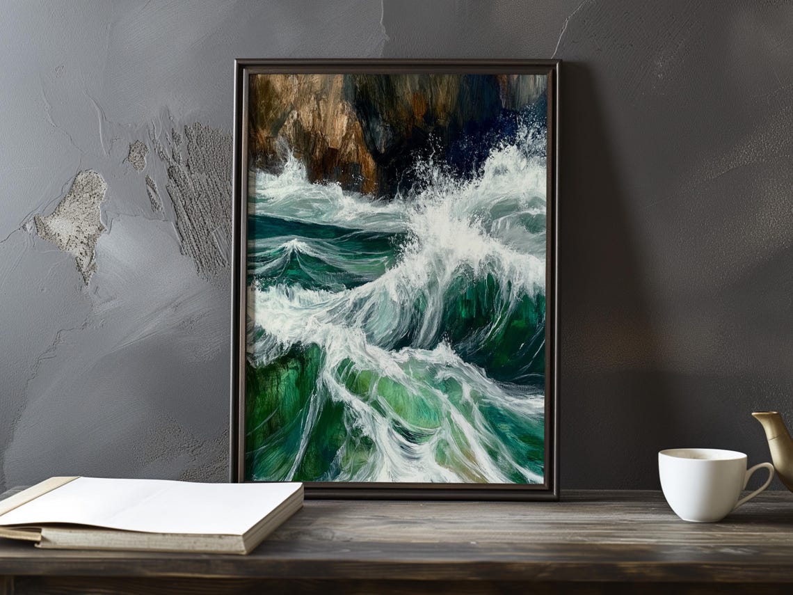 Crashing Emerald Green Waves in a Dramatic Stormy Sea Art Poster