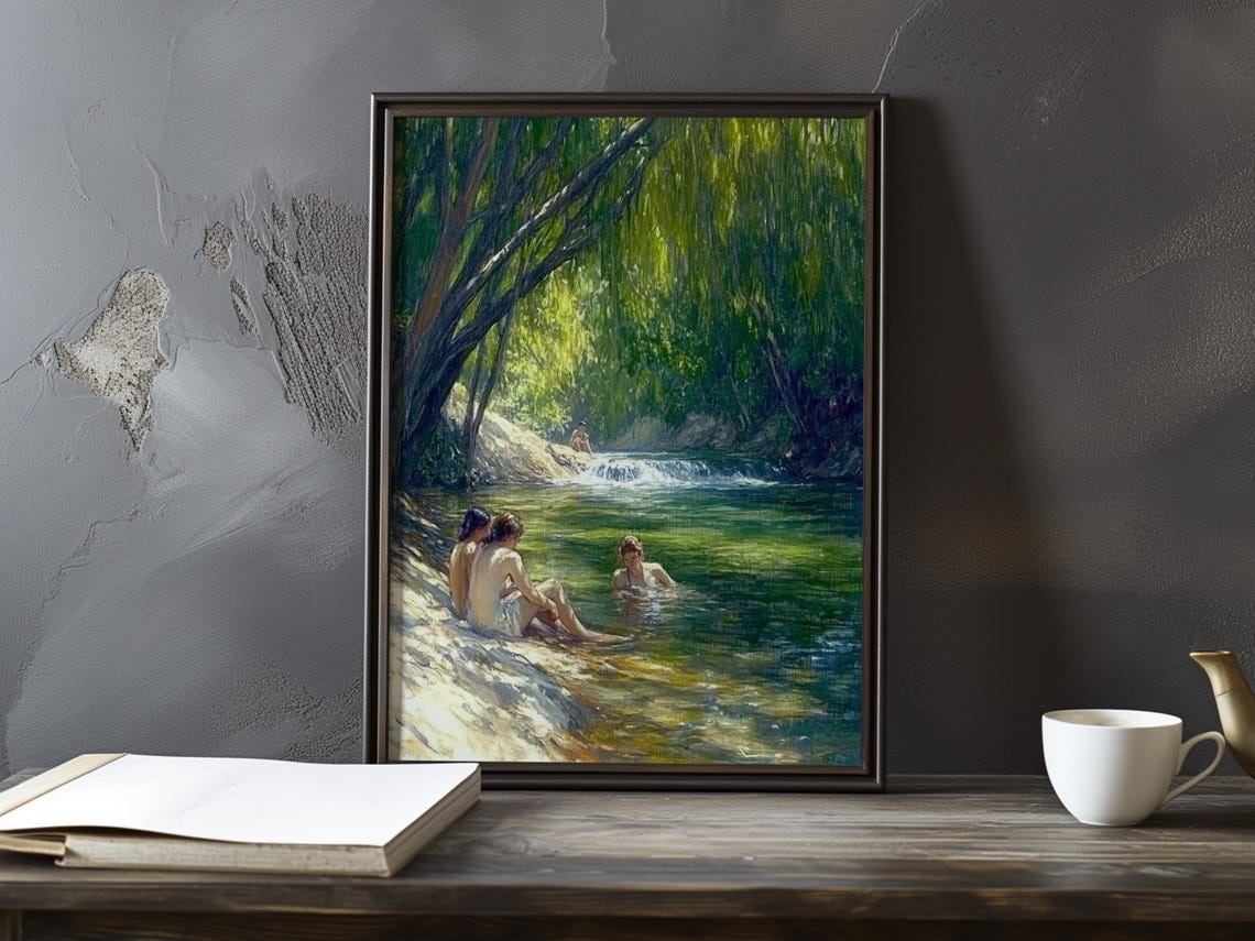 Bathers Swimming by Willow Trees at a Summer River Waterfall Poster