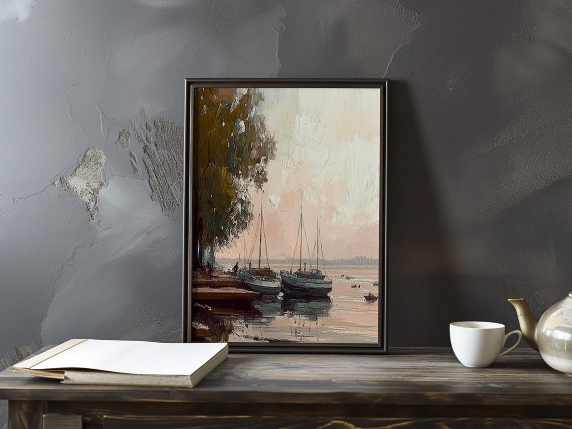 Sailboats at Dawn in a Quiet Harbor Beneath a Rosy Sky Art Poster