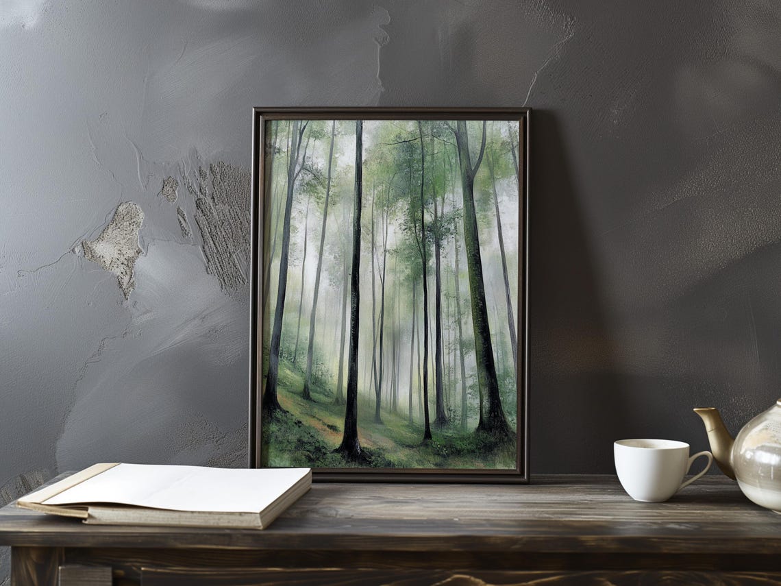 Misty Forest Path At Dawn Tranquil Woodland Landscape Poster