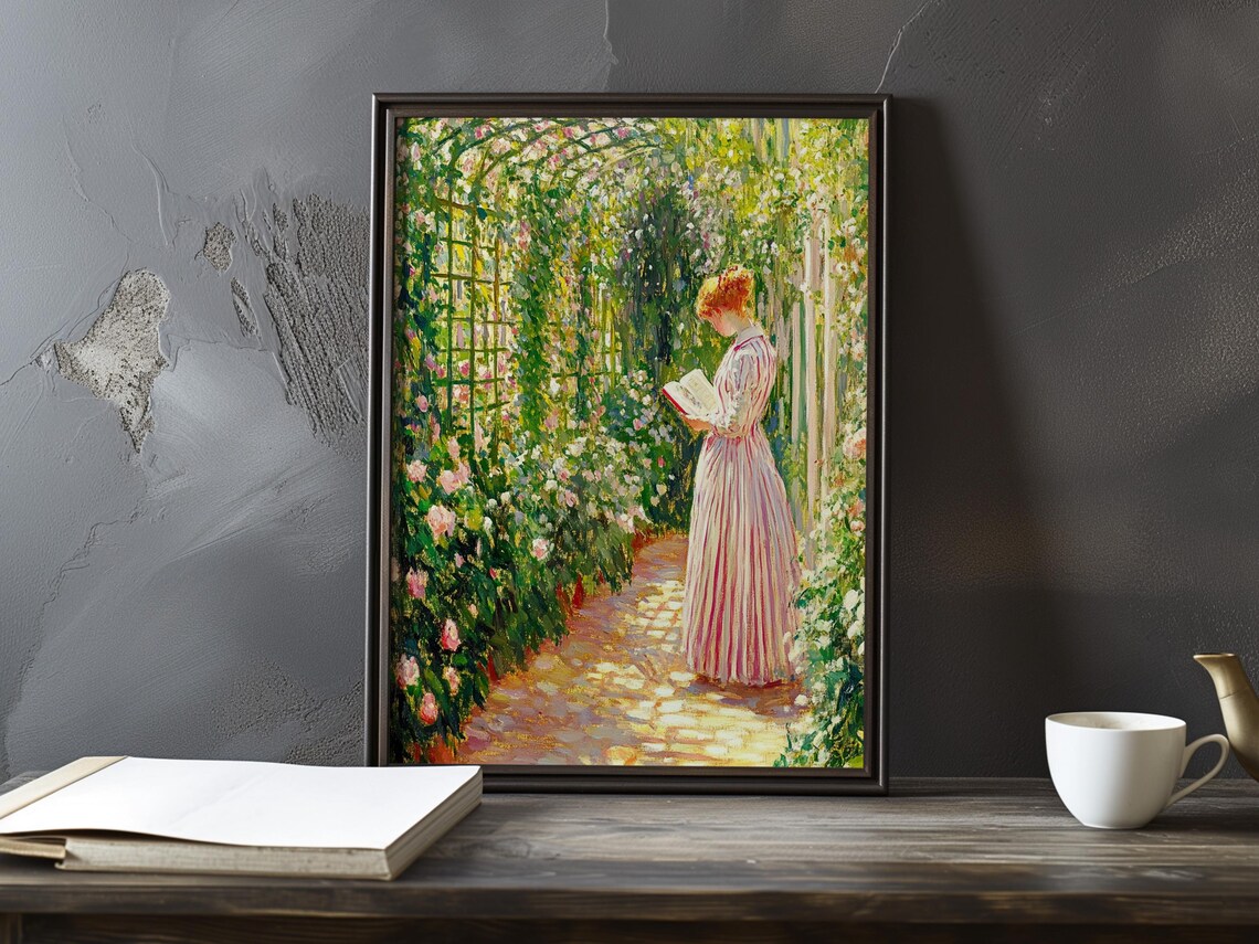 Woman Reading A Book Under A Rose-Covered Trellis Arch Poster