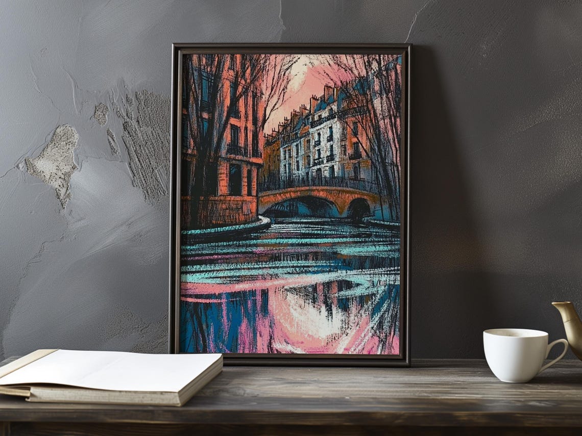 Dusk Over a Parisian Canal Bridge With Pink Water Reflections Poster
