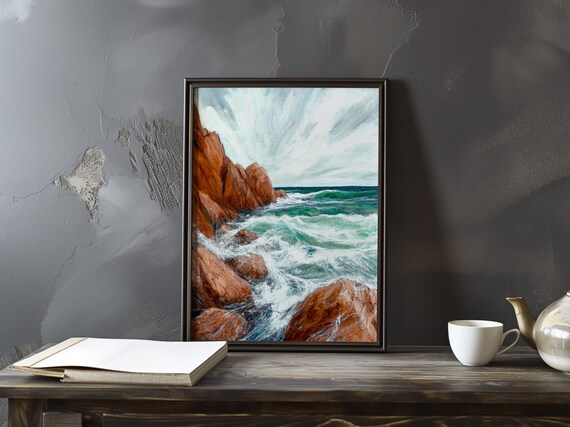 Emerald Surf Swirling Between Red Rock Cliffs Impressionist Art Poster