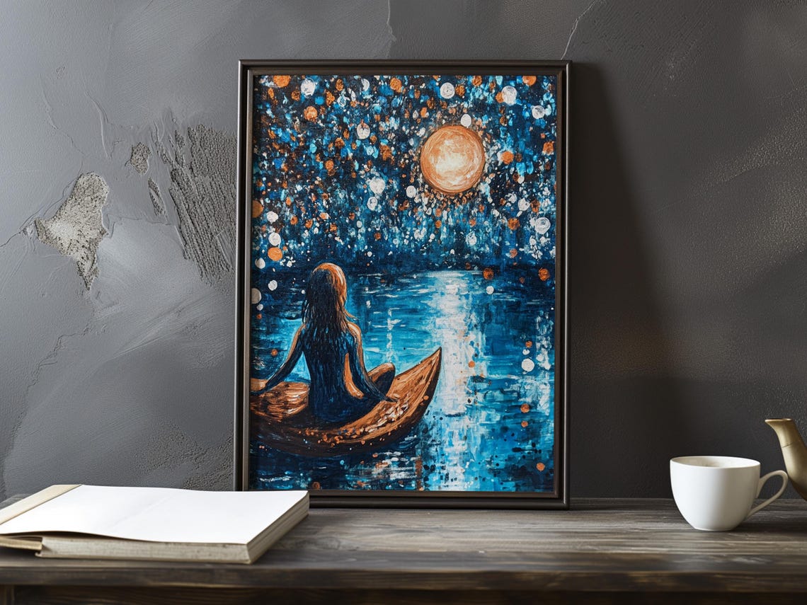 Orange Moon Boat Ride Under Starry Sky On Moonlit Water Poster