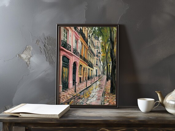 Rainy Cobblestone Lane Pastel Pink Parisian Buildings Poster