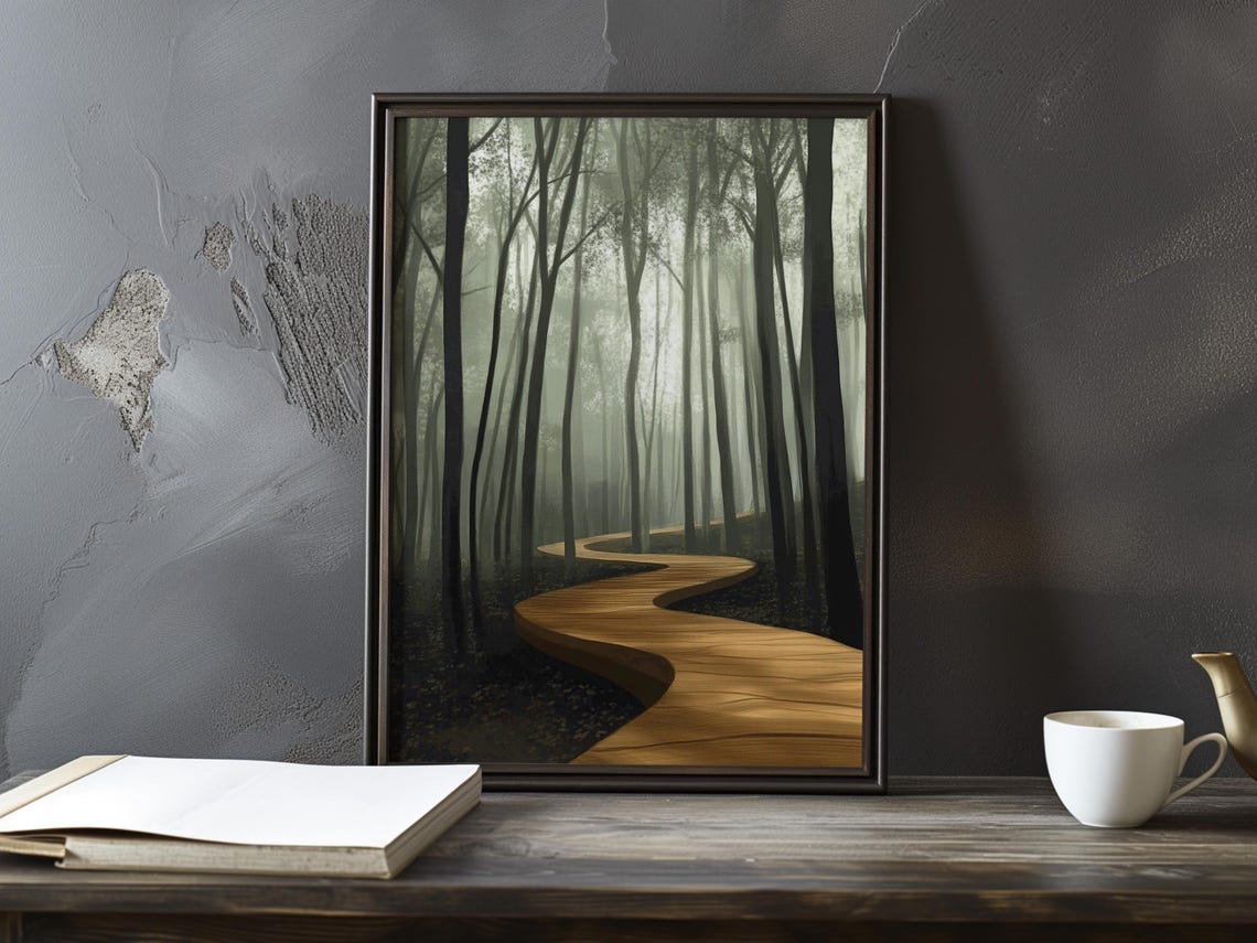 Winding Wooden Boardwalk Through a Misty Gray Forest Art Poster