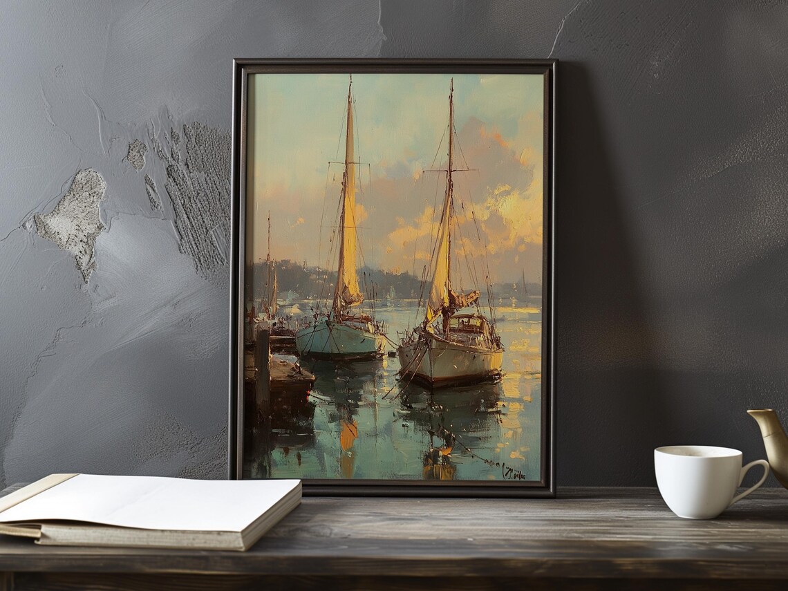 Two Sailboats Anchored in a Golden Sunset Harbor Painting Poster
