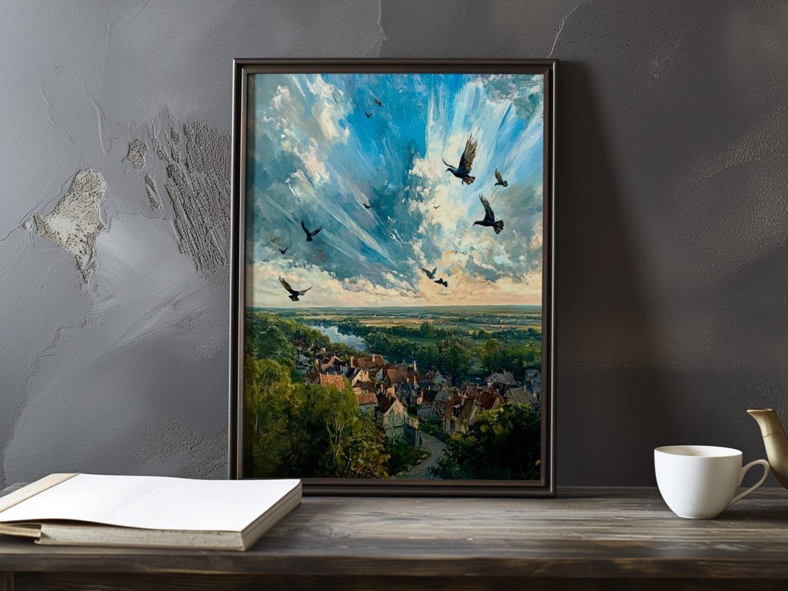 Birds Soaring Over A Forest Village Under A Dramatic Sky Poster