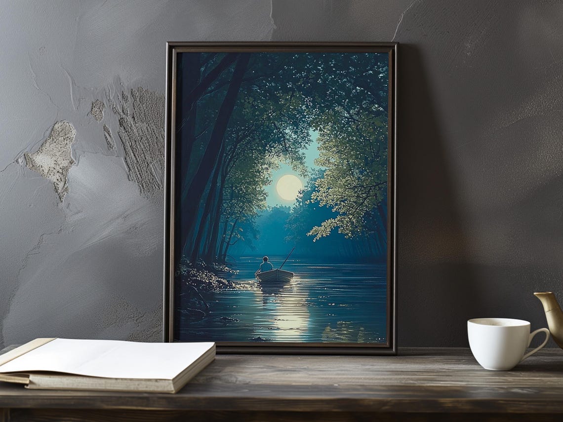 Solitary Rower Under Full Moon on a Dark River Night Art Poster
