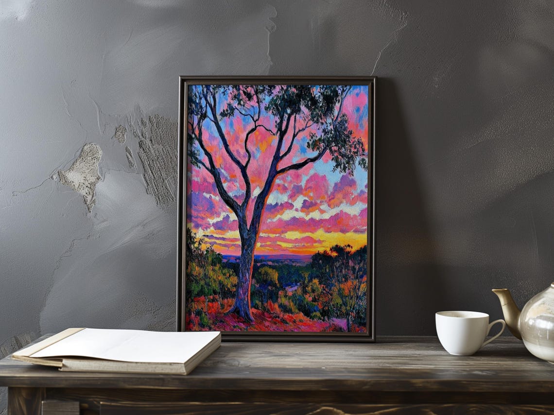 Vivid Pink Orange Sunset Clouds Lone Tree Valley Landscape Poster