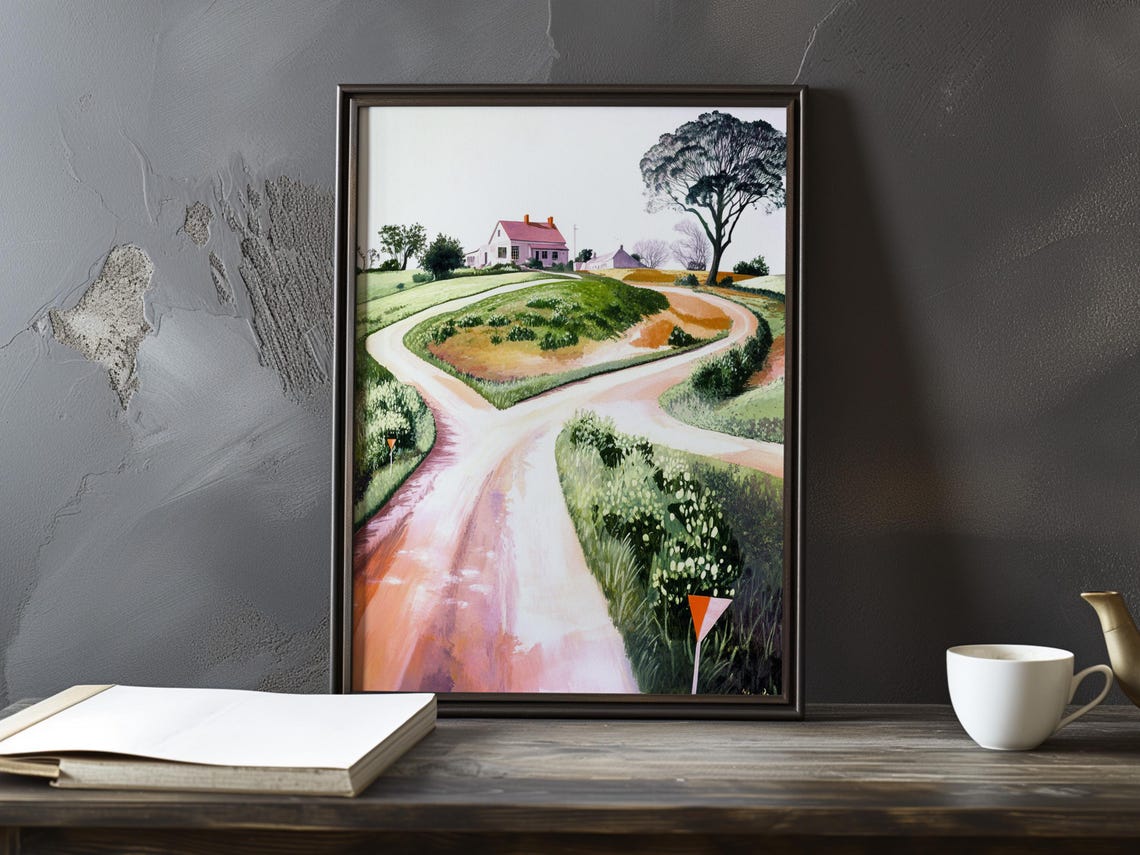 Winding Country Road to a Farmhouse in Rosy Tones Art Poster