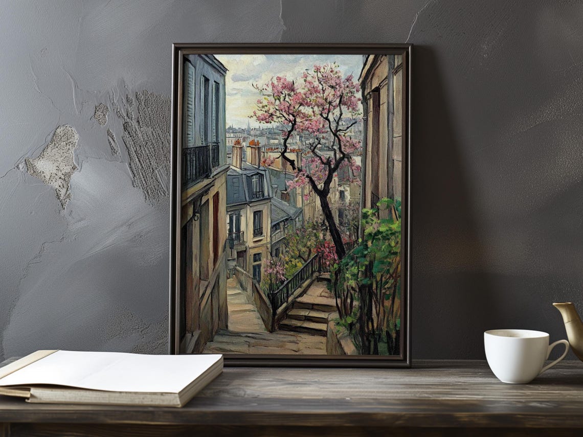 Blossom Tree Over a Montmartre Staircase Above Paris Rooftops Poster