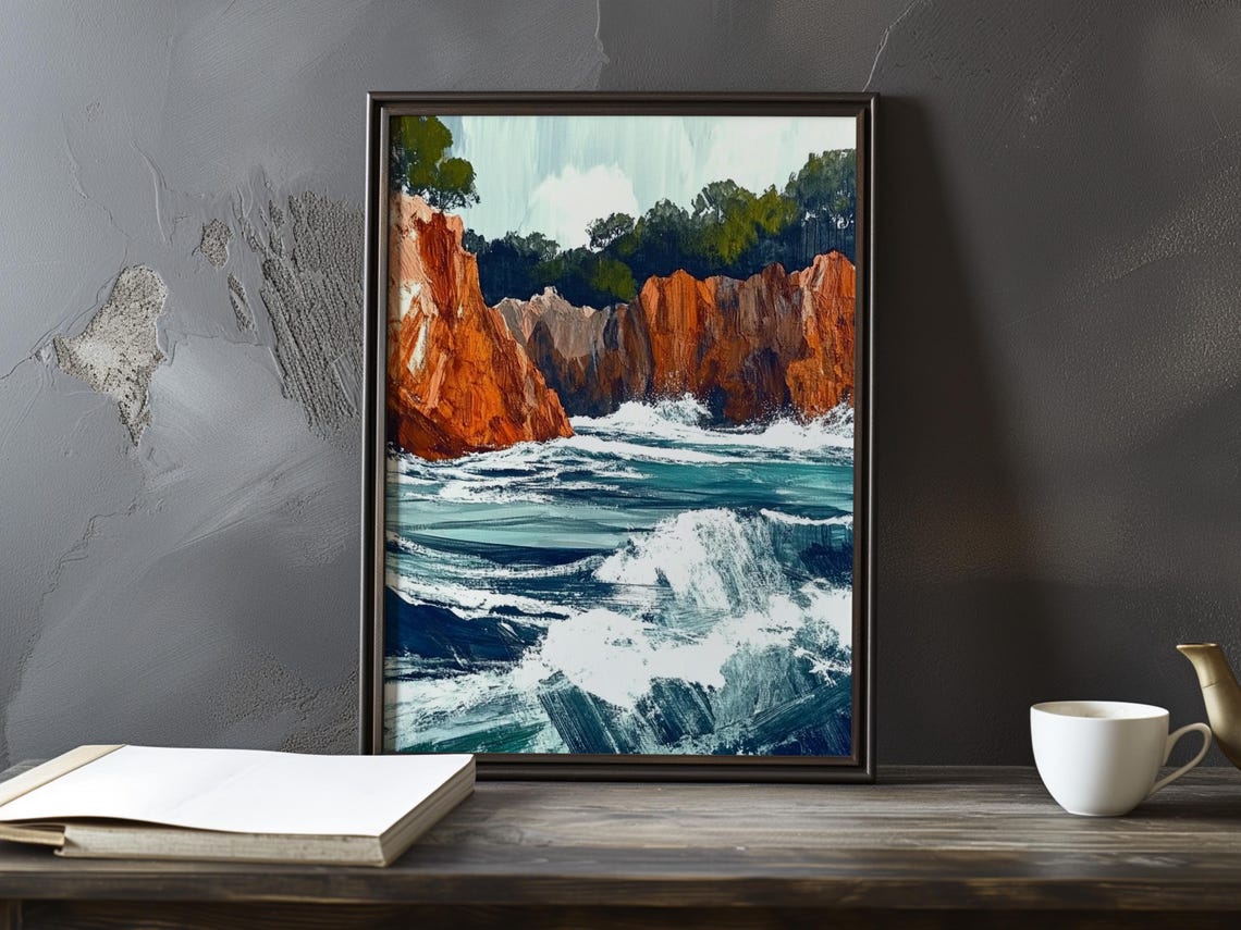 Churning Waves Beneath Red Rocky Cliffs Impressionist Coast Poster