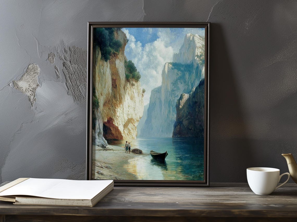 Fishermen's Boats On A Quiet Cove Beach Between White Cliffs Poster