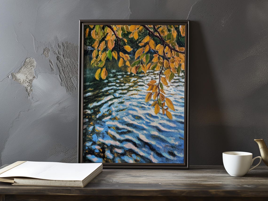 Golden Autumn Leaves Over Rippling Blue Water Impressionist Poster