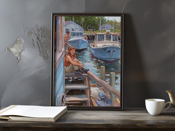 Woman Resting on Dock Steps Beside Blue Fishing Boats Poster