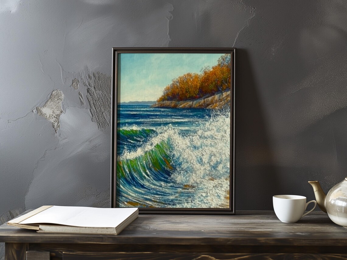 Curling Green Wave Rolling Toward an Autumn Cliff Shore Seascape Poster