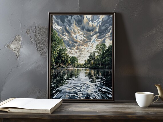 Swirling Storm Clouds Mirrored in a Rippling River Impressionist Poster
