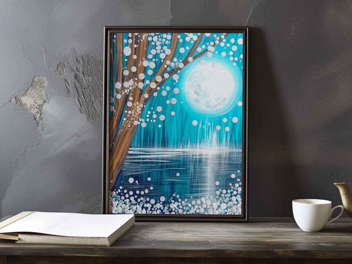 Abstract Moon Over Turquoise Water with Blossom Dots Art Poster