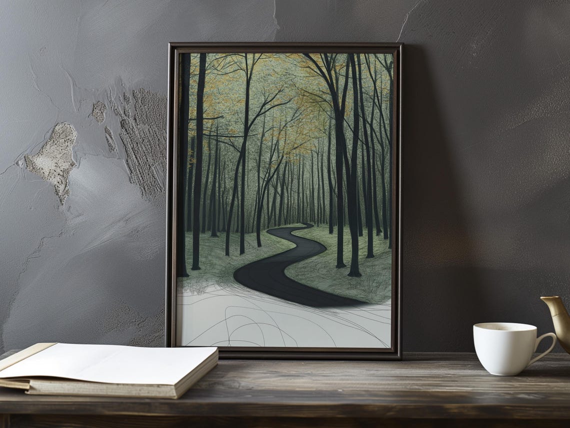 A Winding Black Path Through Tall Dark Forest Trees Art Poster