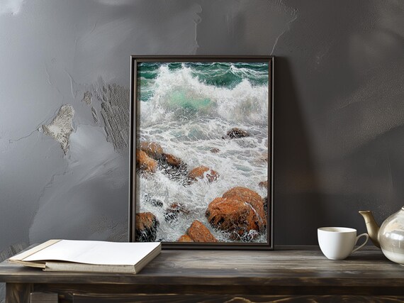 Powerful Ocean Waves Crashing Over Rocks Impressionist Seascape Poster