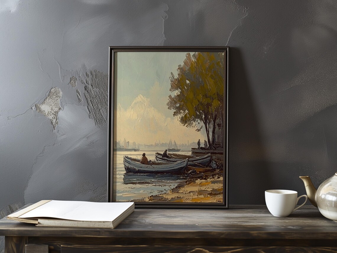 Fishermen's Rowboats at Dusk Beside a Shaded Riverbank Art Poster