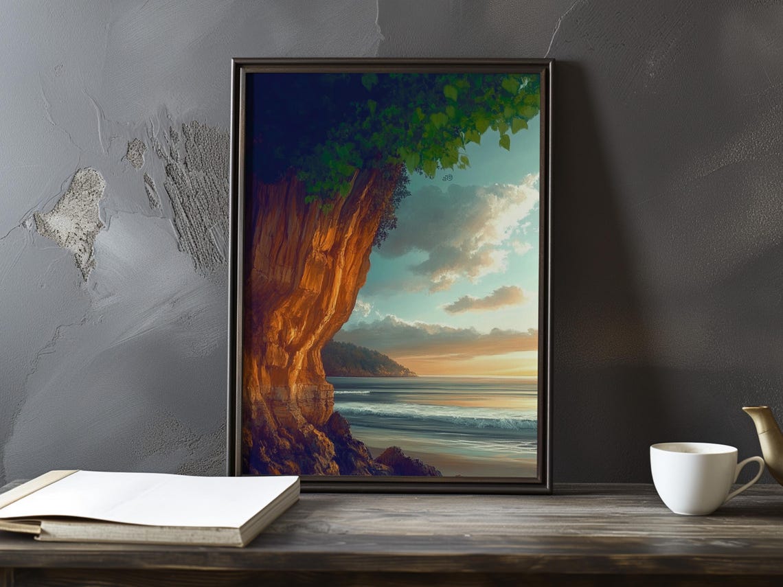 Sunlit Cliff Overhang Above a Calm Sunset Sea Impressionist Poster