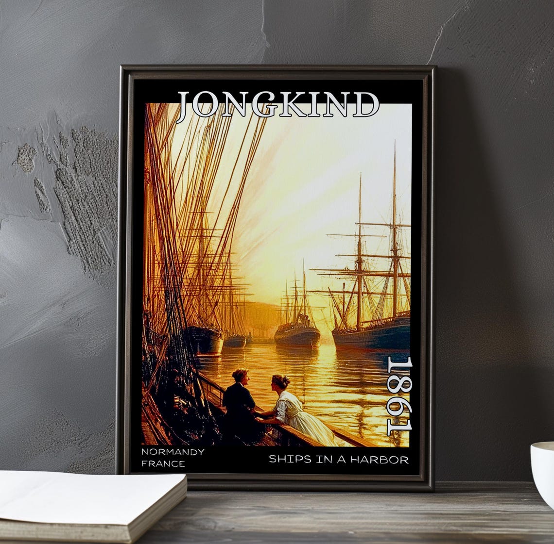 Jongkind Ships in a Harbor Two Women in a Boat at Sunset Poster