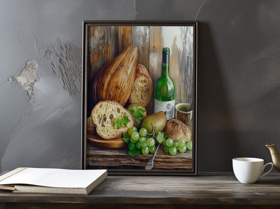 Rustic Still Life With Bread Wine Grapes Pears And Cheese Poster