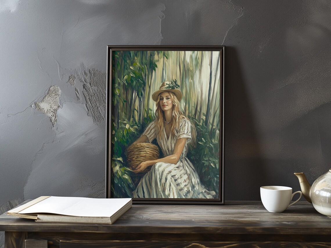 Seated Woman White Dress Basket Hat Among Lush Plants Portrait Poster