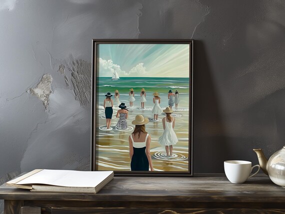 Women in Straw Hats Standing in Shallow Ocean Water Art Poster